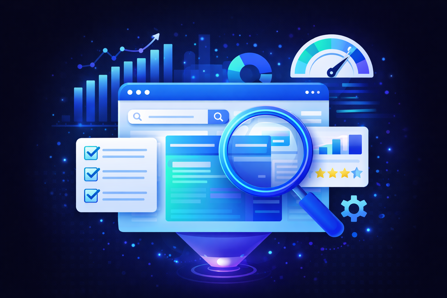 Ilustración de auditoría SEO con lupa analizando un sitio web y elementos de diagnóstico