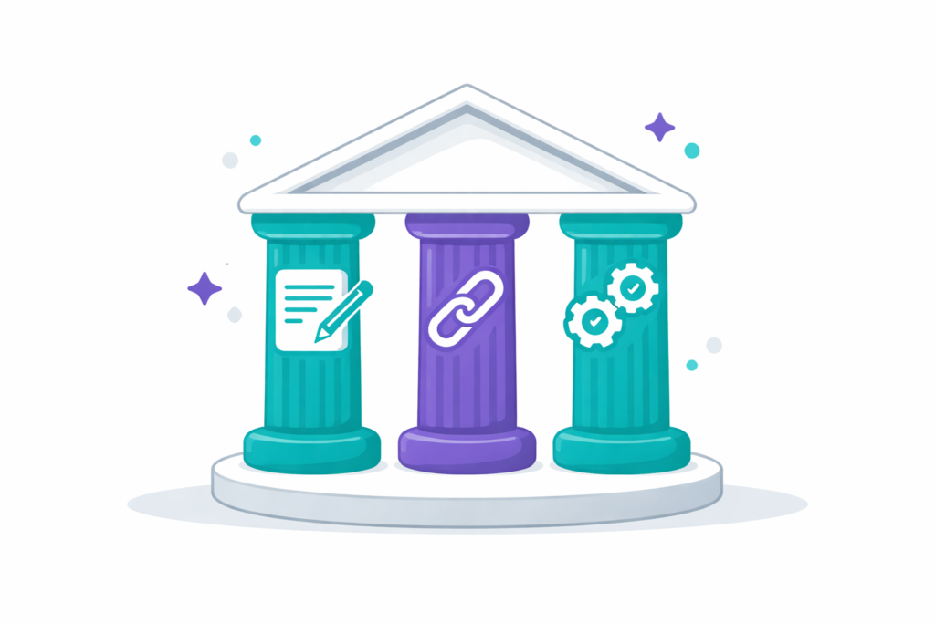 Pilares del SEO - On-Page, Off-Page, Técnico Diagrama de los tres pilares del SEO: on-page, off-page y técnico