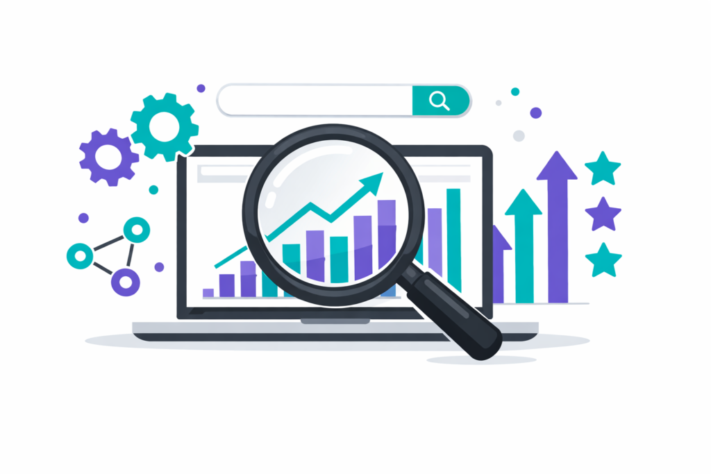 Ilustración conceptual de qué es SEO con lupa, gráficos de analítica y elementos de posicionamiento web