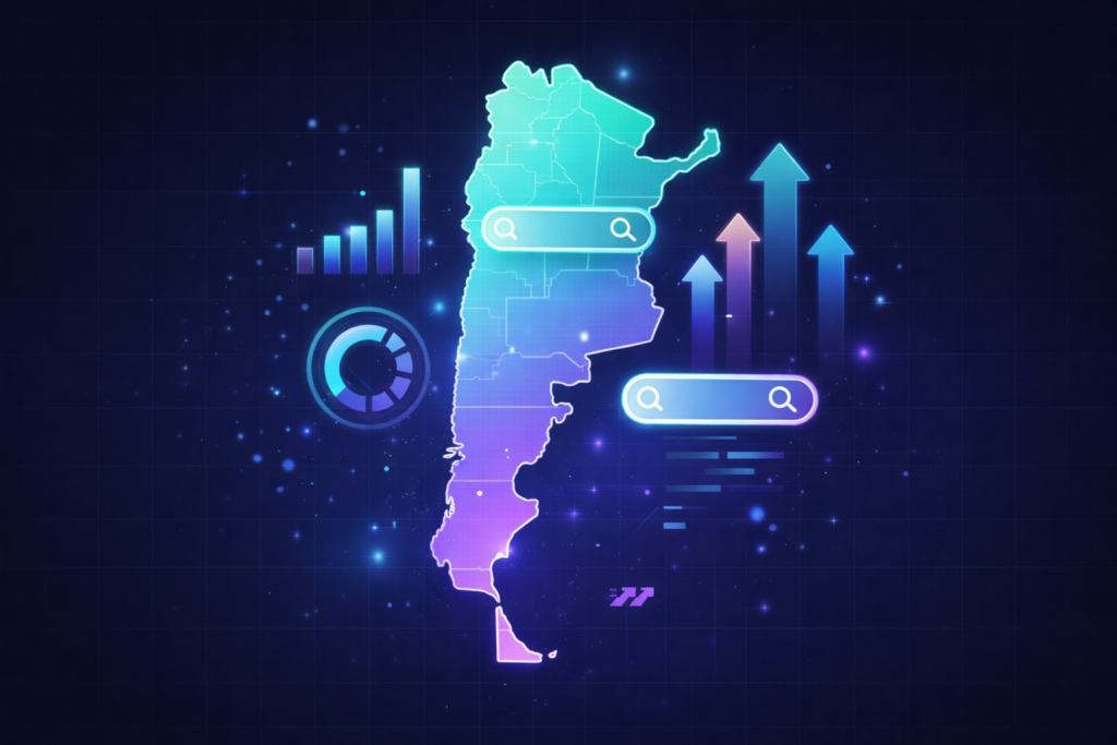 Mapa estilizado de Argentina con íconos de SEO y gráficos de posicionamiento web